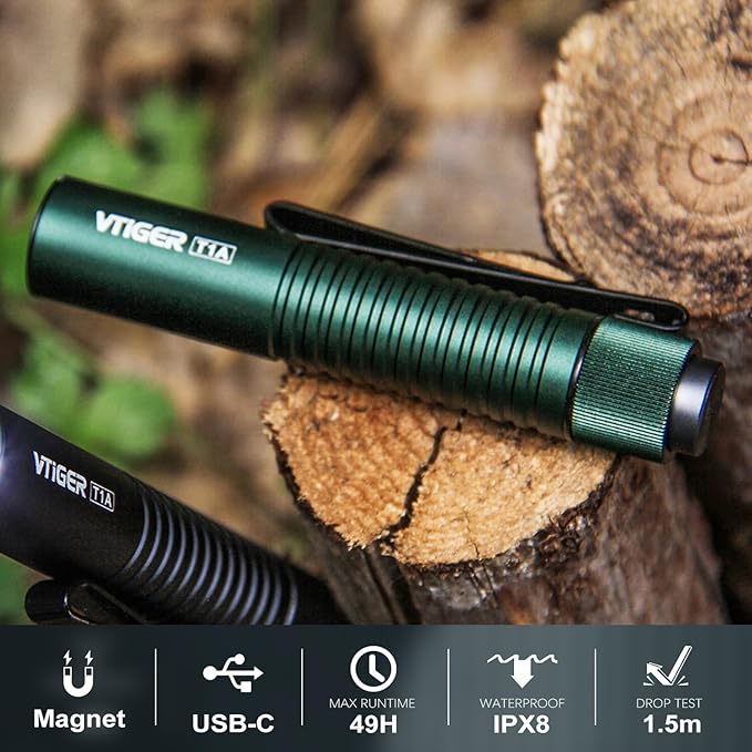 VTIGER T1A Mini Pocket EDC Flashlight with Clip,1300 Lumen Compact AA Rechargeable LED Little Flashlights, Super Bright Tail Switch Small Flash Light with Magnet for Camping,Hiking,Outdoor,Emergency
