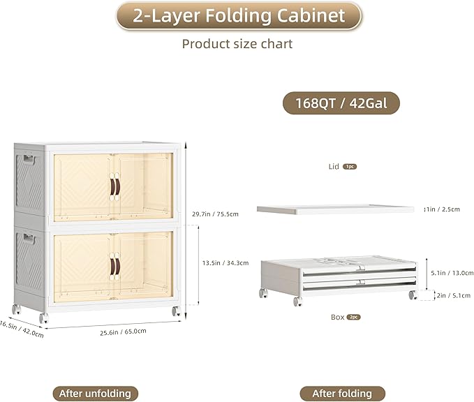 168 QT / 42 Gal Magnetic Door Storage Bins Collapsible Stackable w/1 Lid, Heavy Duty Plastic Cabinet with Wheels for Home Office Organization (White)