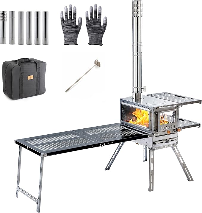Stainless Steel Portable Wood Burning Stove with Oven & Camping Table, 6 Chimney Pipe for Outdoor Camping, Cooking, Tents, BBQ, Hiking, Fishing, Backpacking