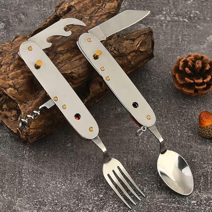 outdoor/camping 6-in-1 multi-function flatware silverware set, include knife, fork, spoon, corkscrew, bottle opener and fruit fork