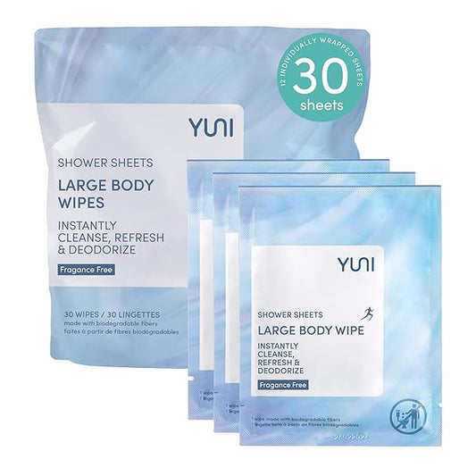 YUNI Beauty Large Body Wipes (Unscented, 30 Count) Super Soft Moist Showerless that Cleanse & Deodorize - On-the-Go Waterless Body Cleanser - Biodegradable Individually Wrapped Wipes for Travel