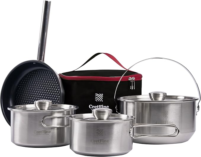 CampPro Camp Cooking Set for 4-8, Stainless Steel Camping Cookware Set, Camping Equipment with Carring Bag, Camping Pots and Pans Set for Campfire Cooking & RV & Backyard Picnic
