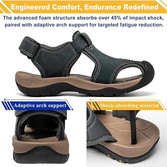 Men's Sport Sandals Closed Toe Leather Hiking Athletic Walking Outdoor Beach Trail River Fishing Water Shoes Lightweight Comfortable Waterproof