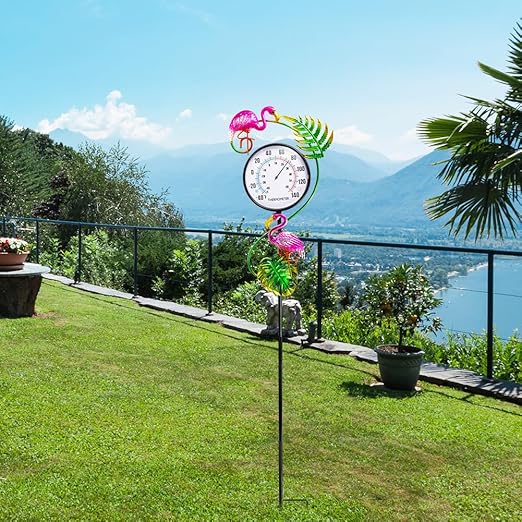 Outdoor Thermometer, No Battery Needed Outside Thermometer with Garden Stake, Flamingo Wall Thermometer for Yard Patio Decor