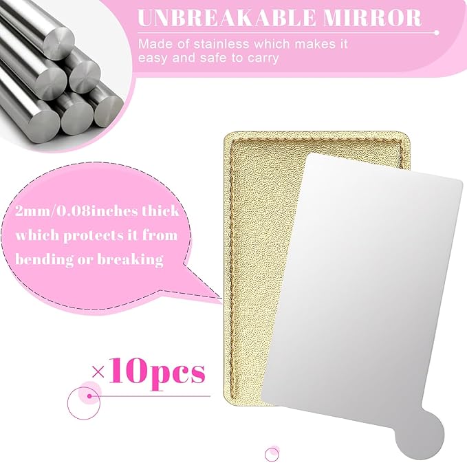 Jetec 10 Pieces Pocket Compact Mirrors Mini Mirror for Purse Wallet Small Handheld Stainless Steel Unbreakable with PU Leather Case for Men Women Travel Camp Signal Makeup(Gold)