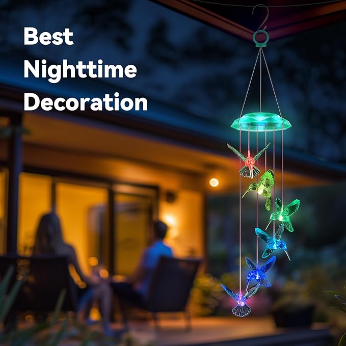 Wind Chimes,Hummingbird Solar Wind Chimes for Outside, Memorial Wind Bell for Garden/Patio Mobile Decorative Thanksgiving Gifts for Mom, Wife, Grandma Neighbors(Green 28")