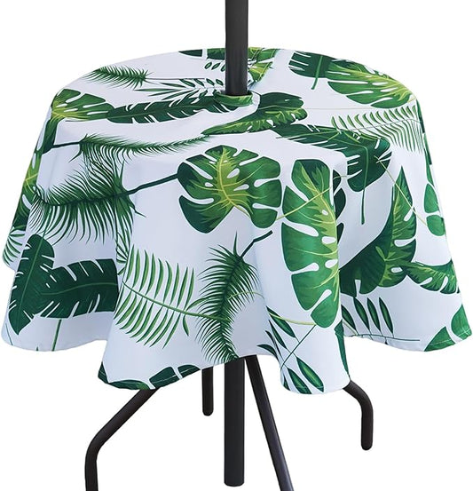 Poise3EHome 60 inches Outdoor/Indoor Waterproof Tropical Round Tablecloth with Umbrella Hole Zipper Green for Camping Picnic Party Patio Table Spring, Palm Leaf