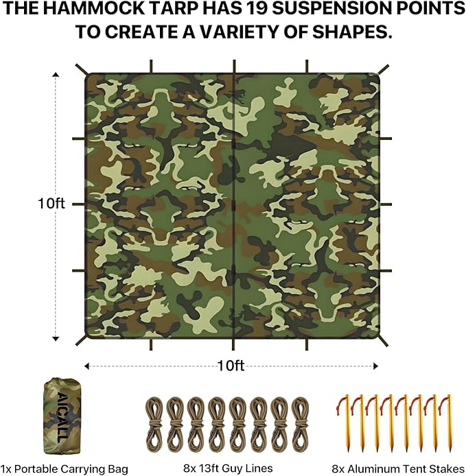 Waterproof Camping Tarp 10 x 10ft Survival Tent Backpacking Portable Tarp Multifunctional Anti-UV Shelter for Outdoor (Camo)