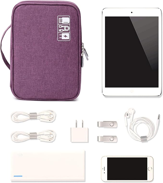 mygreen Electronics Travel Organizer Storage Bag, Double Layer Universal Traveling Gear Accessories Carrying Cover Pouch for iPad Mini Cables Phone Chargers Adapter Flash Hard Drive and More Purple