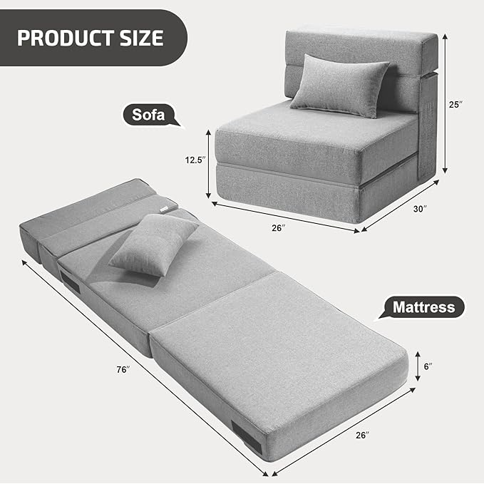 Folding Sofa Bed with Pillow- Convertible Chair Floor Couch & Sleeping Mattress, Foldable Memory Foam Sleeper for Living Room/Dorm/Guest Room/Home Office/Apartment/Loft, Single26, Light Gray