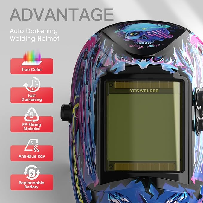 YESWELDER Large View Auto Darkening Welding Helmet, Blue Light Blocking, 1/1/1/1 True Color Solar Powered Welder Hood Mask with 4 Arc Sensors, Wide Shade 3/5-9/9-13 for TIG MIG ARC Cut and Grind