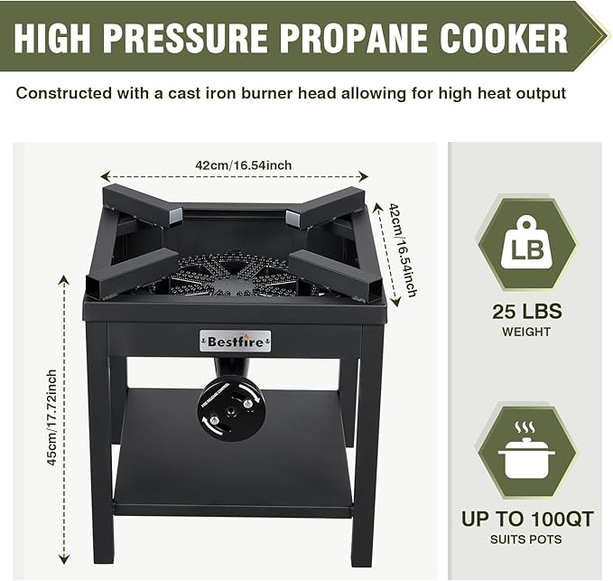 BESTFIRE 260,000 BTU Outdoor Propane Gas Stove with 0-20 PSI Adjustable Regulator and Steel-Braided Hose for Outdoor Home Cooking and Turkey Frying