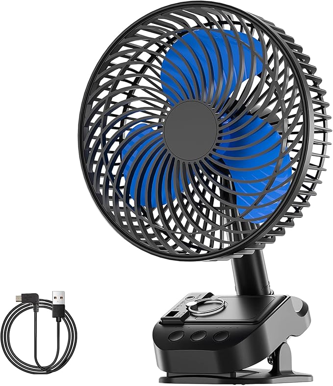 ATEngeus 4 in1 USB Fan, 8” Clip Fan, 10000mAh Rechargeable Table Fan, 5 Speeds Battery Operated Fan, 45°/90° Automatic Rotation, 3 Time Setting, with Clip & Hook for Homes, Offices, Bedroom