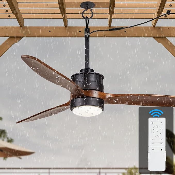 EKIZNSN 42“ Wet Rated Ceiling Fans with Lights Outdoor Hanging for Gazebo Waterproof, DC Motor w 3 Reversible Walnut Wood Blades, Walnut