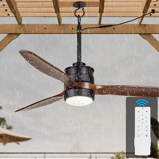 EKIZNSN 42“ Wet Rated Ceiling Fans with Lights Outdoor Hanging for Gazebo Waterproof, DC Motor w 3 Reversible Walnut Wood Blades, Walnut