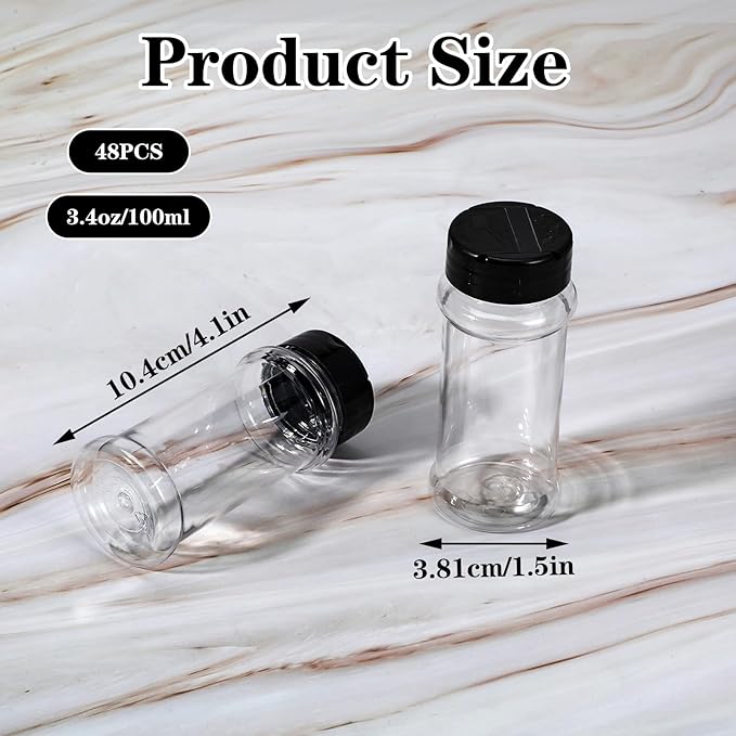 48 Pack Clear Plastic Spice Jars with Label and Shaker Lids Empty Spice Bottles Seasoning Containers Seasoning Jars Shaker Condiment Pots for Pepper Herbs Powders 3.4 oz