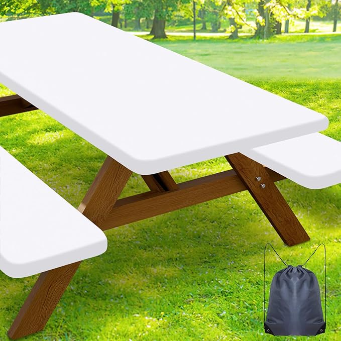 Smiry Picnic Table Cover with Bench Covers, Waterproof Elastic Fitted Polyester Tablecloths for 6 Ft Rectangle Tables, Washable Windproof Tablecloth for Camping, RV & Outdoor (White, 30x72 Inches)