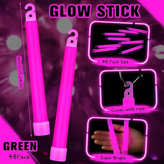 Sotiff 48 Pcs Bright 6 Inch Large Glow Sticks Bulk Emergency Glow in The Dark Sticks with 12 Hour Duration for Camping Hiking Outdoor Parties Activities Survival Storms Blackouts (Rose Pink)