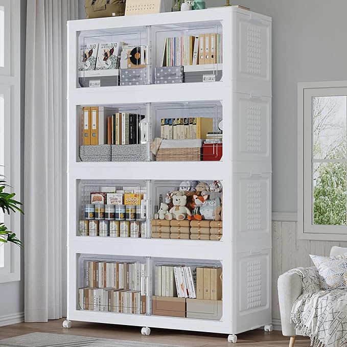 160GAL Extra Large Storage Bins with Lid, 640Qt Stackable Closet Organizers and Drawers, Collapsible Storage Bins with Wheels, Folding Storages Cabinet for Home Bedroom Office, 4Pack White