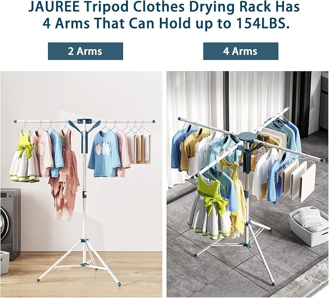 JAUREE Tripod Clothes Drying Rack Folding Indoor, Portable Drying Rack Clothing and Height-Adjustable, Space Saving Laundry Drying Rack with 20 Clips