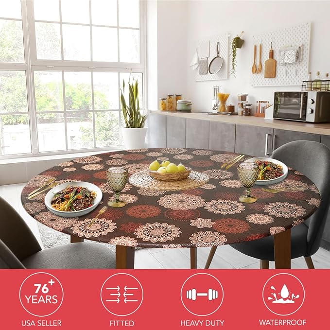 LAMINET Elastic Fitted Table Cover - Medallion - Large Round - Fits Tables up to 45-56” Diameter