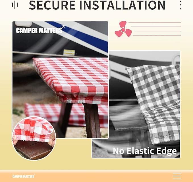 Picnic Table Cover and Bench Covers, Fitted Tablecloth Cover with Elastic Edge, Water and Oil Proof, for Outdoor, Garden, Camping, 72x28 Inch, 3 Pieces Set, Red & White