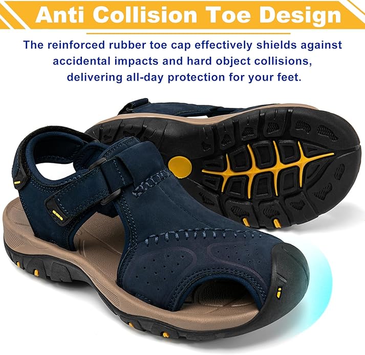 Men's Sport Sandals Closed Toe Leather Hiking Athletic Walking Outdoor Beach Trail River Fishing Water Shoes Lightweight Comfortable Waterproof