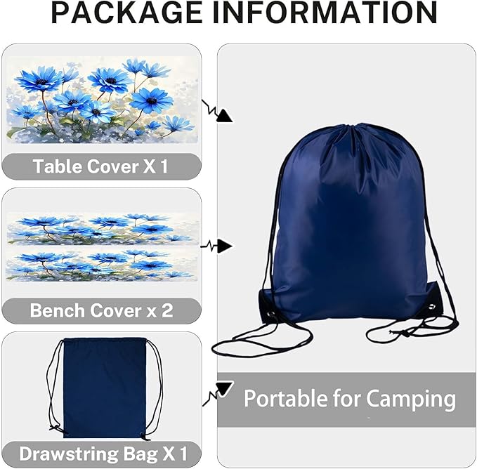 CAPSCEOLL Fitted Picnic Table Cover with Bench Covers with Elastic 8Ft Waterproof Camping Picnic Table Cover Cloths for Outdoors Camping Tablecloth with Drawstring Bag, 96X30in, Blue Flowers