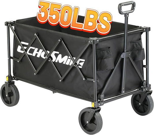 EchoSmile Heavy Duty 350 Lbs Capacity Collapsible Wagon, Outdoor Folding Camping Wagons, Grocery Portable Utility Cart, Adjustable Rolling Carts, All Terrain Sports Wagon with Big Wheels (Dark-Black)