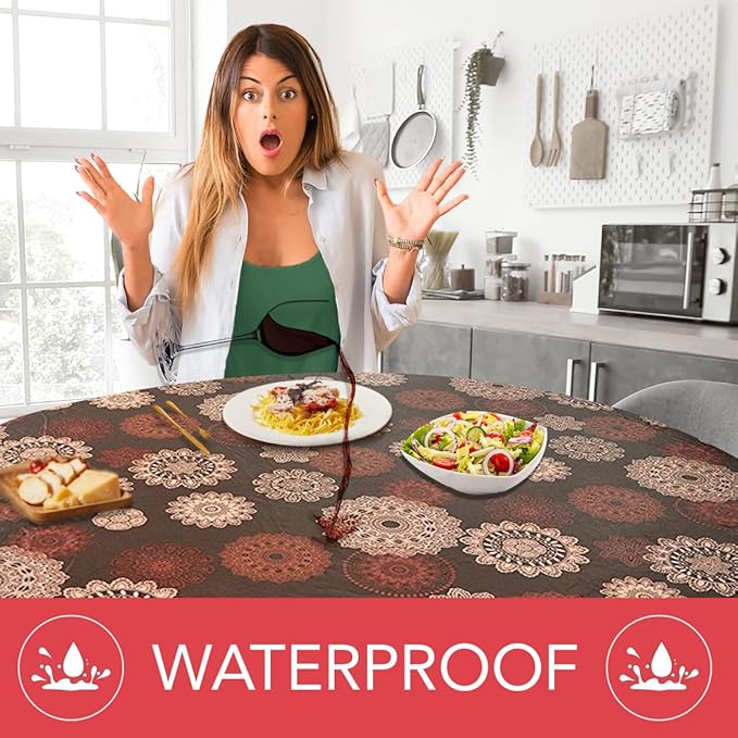 LAMINET Elastic Fitted Table Cover - Medallion - Large Round - Fits Tables up to 45-56” Diameter