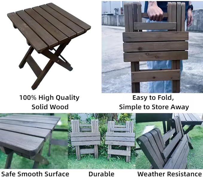 Outdoor Side Table, No Assembly Folding Wooden End Table for Outside or Indoor, Small Patio Tables for Camping, Pool, Bathroom, Backyard and Porch