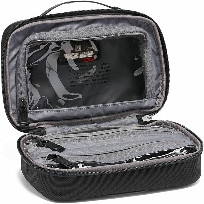 TUMI Alpha Split Travel Kit - Compact Toiletry Bag for Men & Women - Features Removable Leather Handle & 3 Zip Pockets - Black