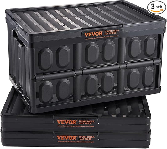 VEVOR 45L Collapsible Storage Bins with Lids 3 Packs, Stackable Utility Crates with Handles, Large Folding Containers for Organizing Tools, Snacks, Books, Food, Drinks, Camping & Transport