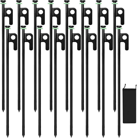 16Pcs 12in Tent Stakes, Heavy Duty Tent Stakes with Storage Pouch, Forged Steel Metal Stake for Tent Used on Rocky Place, Grassland, Dessert(16Pcs, 12in, Diameter 1/4")