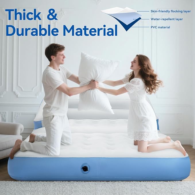 Full Size Air Mattress for Inflatable-Portable Blow Up Mattress Sofa Bed with Flocked top-Double Air Couch for Tent Camping(Lake Blue)