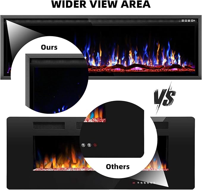 BREEZEHEAT 60 Inch Electric Fireplace-Recessed & Wall Mounted Linear Fireplace-750/1500W Heater w/Temperature Control, Log & Crystal Options, Adjustable Flame, Remote Control