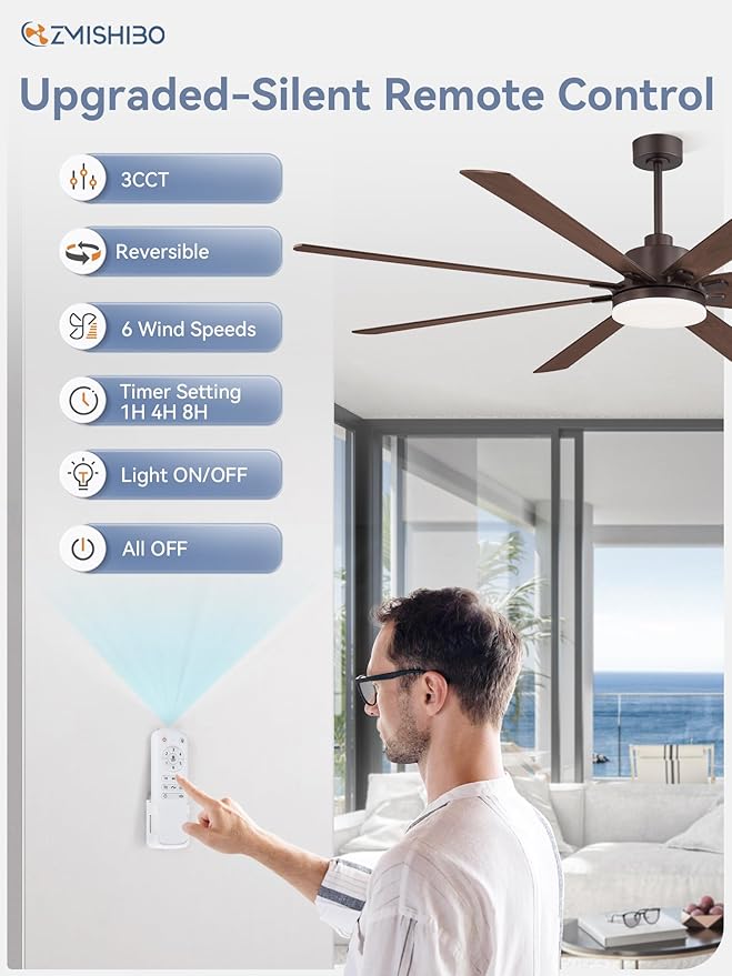 ZMISHIBO 80 Inch Industrial Ceiling Fan, Indoor/Outdoor Ceiling Fans with Large LED Panel, Quiet Reversible DC Motor, 6-Speeds, 3CCT, Brown Farmhouse Ceiling Fan for Patio, Livingroom, Garage