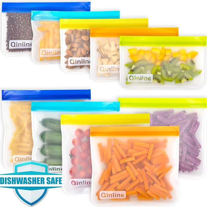 Reusable Food Storage Bags - 10 Pack Dishwasher Safe Freezer Bags, BPA Free Silicone, Leakproof for Marinate Salad Fruit Travel - 5 Sandwich 5 Snack
