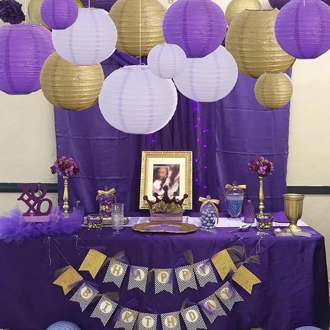 BEISHIDA 16 Pcs Purple Gold Paper Lanterns,Hanging Decorative Chinese Japanese Round Paper Lantern Lamp for Graduation Bachelorette Birthday Party Decoration