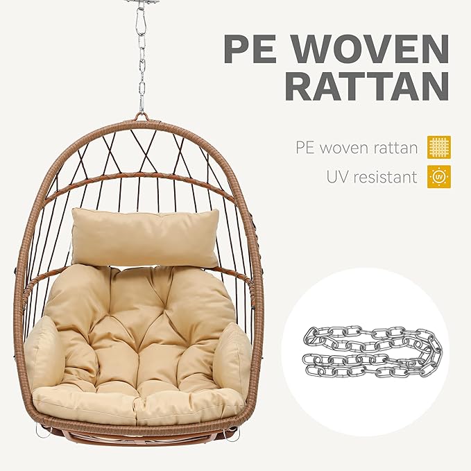 DWVO Egg Chair Without Stand, Basket Chair Hanging Outdoor Rattan Wicker Patio Hammock Indoor Egg Chair with Cushion, Hanging Swing Chair 300lbs for Porch, Garden, Bedroom, Balcony, Beige