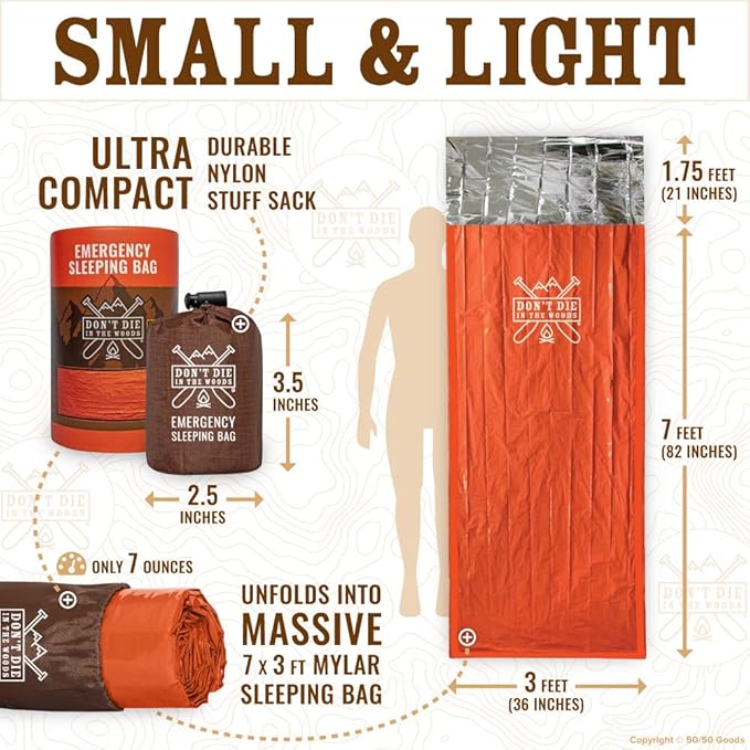Emergency Sleeping Bag with Hood | Ultralight, Waterproof, Thermal Mylar Sleeping Bag Liner | Survival Bivy Space Blanket Bivey for Hiking, Backpacking, Earthquake, Camping, 72 Bug Out, Survival Kit