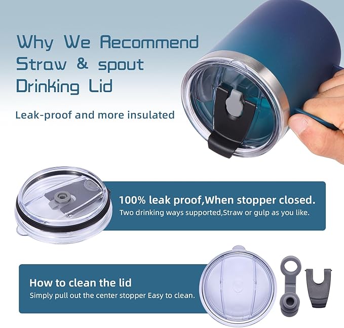 Volhoply 12oz Insulated Leakproof Coffee Mug with Flip & Straw Lid Bulk 2 Pack,Double Wall Vacuum Stainless Steel Travel Tumbler Cup with Handle,Camping Mugs Keep Cold/Hot(Dark Night,2 Set)