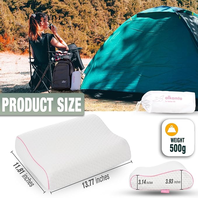 Memory Foam Pillow for Travel and Camping with Extra Cotton Cover – Easy to Carry Portable Bag (Pink Contour)