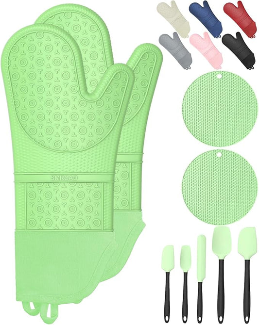 Oven Mitts with Heat-Resistant Hot Pads and Five Silicone Spatulas Designed for Kitchen Baking Cooking, Oven Glove Soft Cotton Lining, Waterproof, BPA-Free (Fluorescent Green, 15.7)