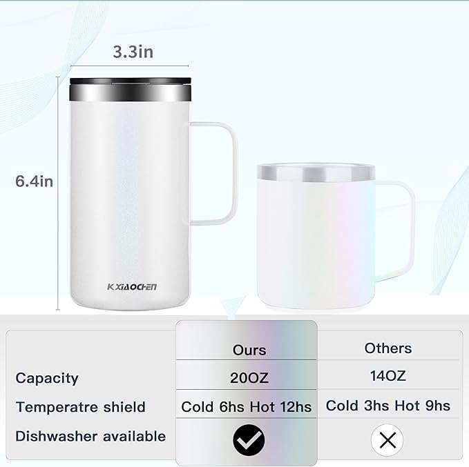 KXIAOCHEN 20oz Insulated Coffee Mug with Lid, Stainless Steel Coffee Cup, Double Wall Vacuum Coffee Tumbler with Handle, Premium Thermal Travel Coffee Mug (Glitter Black White 2Pack)