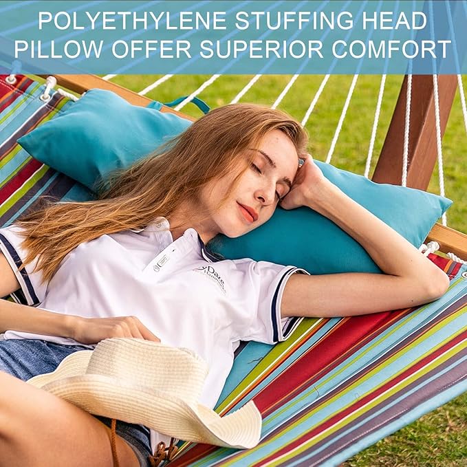 Lazy Daze Hammocks 12 FT Quilted Fabric Double Hammock with Spreader Bars and Detachable Pillow, 2 Person Hammock for Outdoor Patio Backyard Poolside, 450 LBS Weight Capacity, Blue&Red Stripes