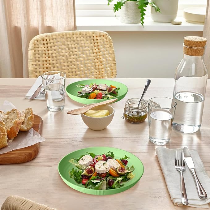 Homienly Wheat Straw Plates Set, 10 inch Deep Dinner Plates, Unbreakable Plates for Kitchen, Camping, 8 PCS Lightweight Round Plates, Microwave and Dishwasher Safe Plate Set - Light Green