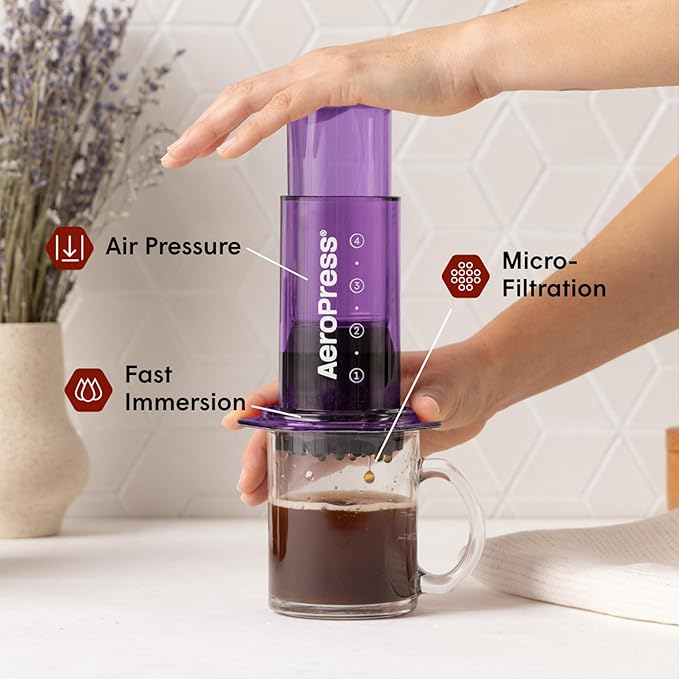 AeroPress Clear Purple Coffee Press – 3 In 1 Brew Method Combines French Press, Espresso, Full Bodied Coffee Without Grit or Bitterness, Small Portable Coffee Maker for Camping & Travel, Purple