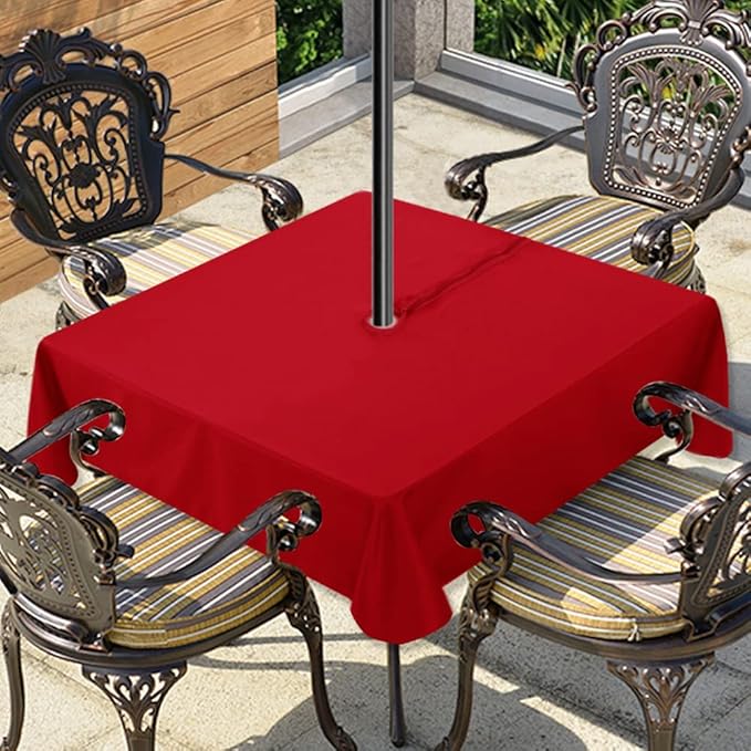 LUSHVIDA Square Outdoor Tablecloth with Umbrella Hole and Zipper, 60x60 Inch Red, Washable Waterproof Table Cloth Spill Proof Wrinkle Free Table Cover for Patio Spring Summer Picnic BBQS