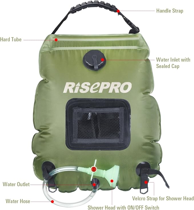 Solar Shower Bag, RISEPRO 5 gallons/20L Solar Heating Premium Camping Shower Bag Hot Water with Temperature 45°C Removable Hose on/Off Switchable Shower Head Hiking Climbing Summer Shower K8